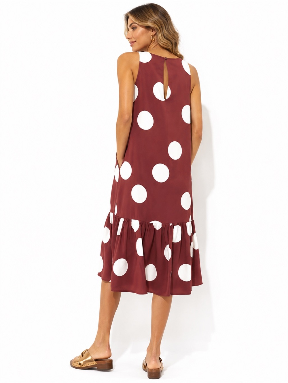 Anthropologie Polka Dot Midi Dress Small Burgundy White Sleeveless Ruffle Hem S - Picture 4 of 11